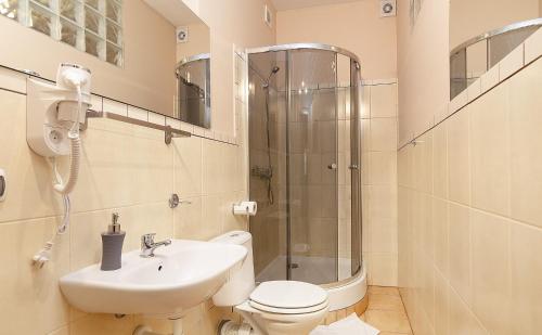 a bathroom with a shower and a toilet and a sink at Willa Kłodzko-Zacisze - sauna, siłownia, komnata solna, parking in Kłodzko