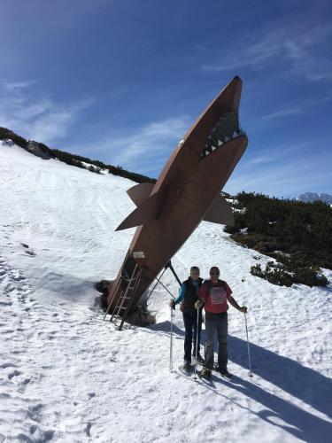 two people on skis standing in front of a plane in the snow at Landhaus Lilly in Obertraun