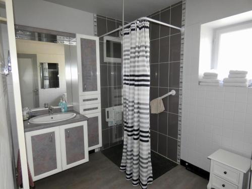 a bathroom with a sink and a shower curtain at "LA VERANDA" Gîte in Verdigny