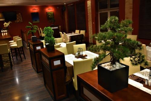 a restaurant with potted trees on tables in a room at Hotel Złote Dęby in Warsaw