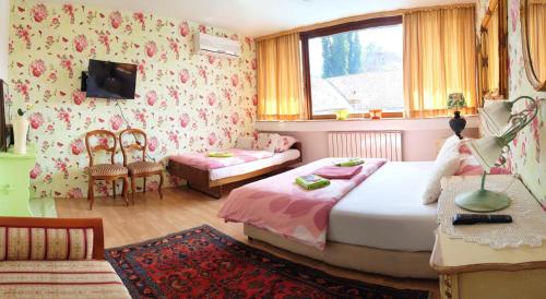 a bedroom with two beds and a tv and a couch at Hostel Pansion Lion in Sarajevo