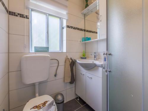 La petite salle de bains est pourvue de toilettes et d'un lavabo. dans l'établissement Apartment Weiny, à Crikvenica