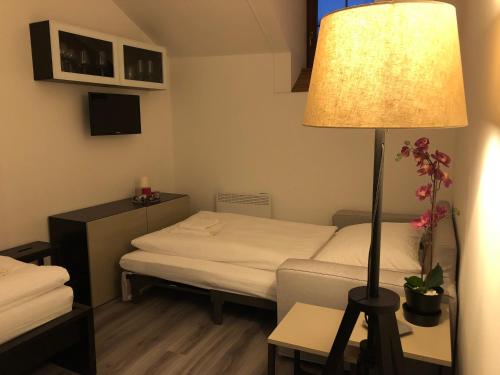 a small room with a bed and a lamp at Pension na Starém náměstí in Rychnov nad Kněžnou