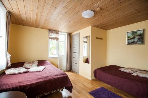a bedroom with two beds and a wooden ceiling at Skruzdynes 11 in Nida