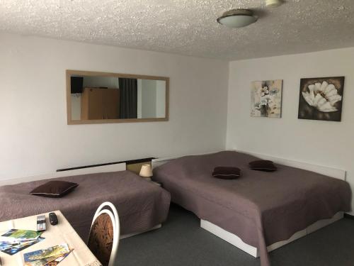 a room with two beds and a table and a mirror at Penzion Tereza in Kraslice