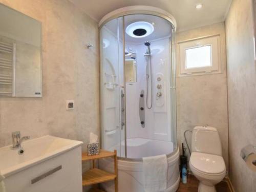 La salle de bains est pourvue d'une douche, de toilettes et d'un lavabo. dans l'établissement FISHKA HOUSE Domek wypoczynkowy, à Zator