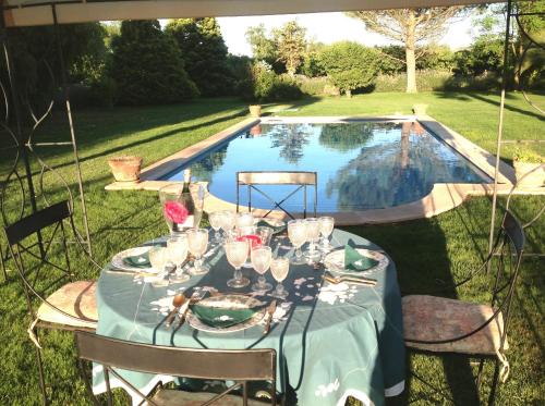 a table set for a meal next to a swimming pool at Finca el Consul in Logroño