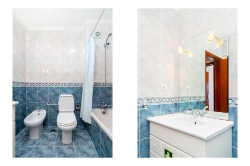 twee foto's van een badkamer met toilet en wastafel bij WHome | Vilamoura Sunny Apartment in Quarteira