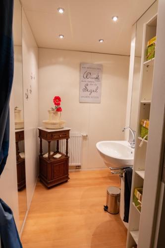 a bathroom with a sink and a toilet and a mirror at Ferienhaus Haus am Pütz in Wintrich