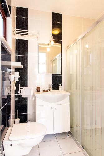 a bathroom with a sink and a toilet and a mirror at Masal Tatil Evi in Selimiye