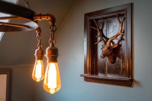 a pair of lights with a picture of a deer on a wall at Edinbane Lodge in Edinbane
