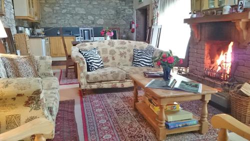 a living room with a couch and a fireplace at Kilmokea Coach House in New Ross