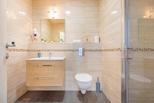 a bathroom with a toilet and a sink and a shower at Apartmani D & J in Orasac