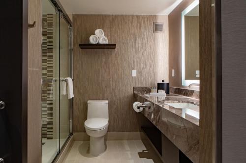 a bathroom with a toilet and a sink at Horseshoe Black Hawk, A Caesars Destination in Black Hawk