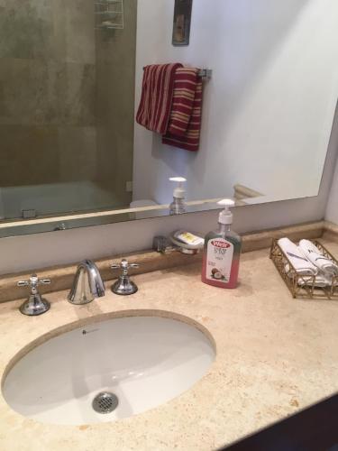 a bathroom sink with a soap bottle on it at Suites Parque Real in Quito