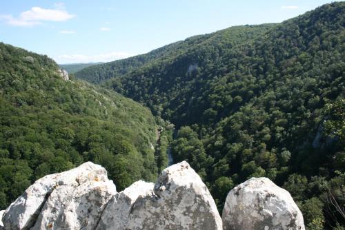 a view from the top of a mountain with rocks at Pensiunea Tarina in Şuncuiuş