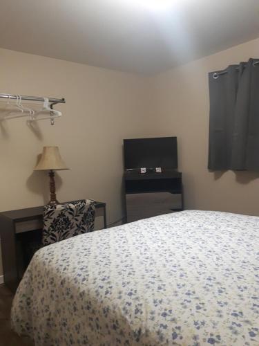 a bedroom with a bed and a chair and a television at Fair Isle Motel & The Nest in Whycocomagh