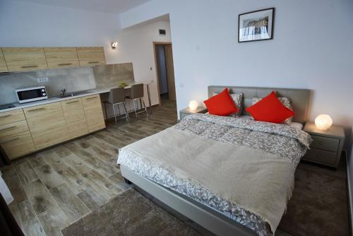a bedroom with a large bed with red pillows at AT Central Apartments in Bucharest
