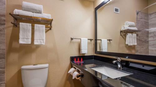 a bathroom with a toilet and a sink and a mirror at Red Lion Inn & Suites Blue Springs in Blue Springs