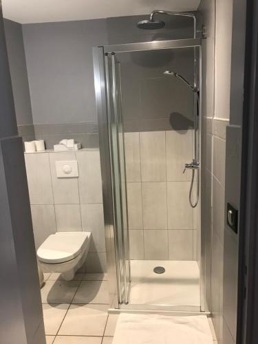 
a bathroom with a shower stall and a toilet at Hôtel Les Frangins in Saint-Omer
