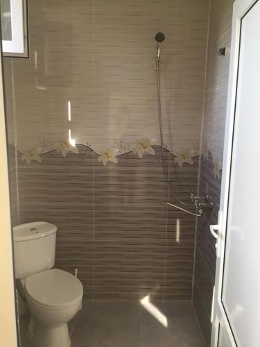 a bathroom with a toilet and a walk in shower at Guest House Koba in Batumi