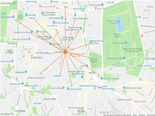 a map of the city of berlin with red arrows at Exclusive quietness in the heart of Madrid with Public Parking, Breakfast, 2 bathrooms in Madrid