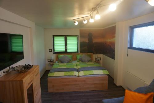 ein Schlafzimmer mit einem Bett und einem TV. in der Unterkunft FerienhausTeube in Kurort Gohrisch