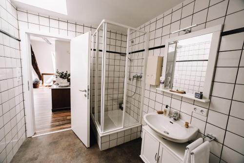 a bathroom with a sink and a shower at Ferienwohnung Sonnenschein in Lengerich