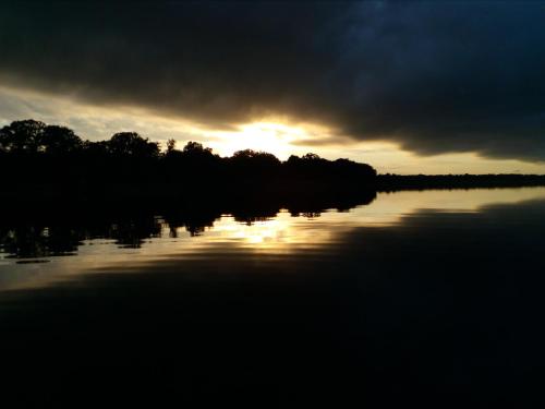 vistas a un lago con puesta de sol detrás de los árboles en Torne Camping - Kano & Fiskecamp en Grimslöv