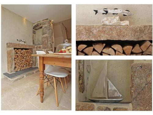 - deux photos d'une cuisine avec une table et une cheminée dans l'établissement Bal View, à Lower Boscaswell
