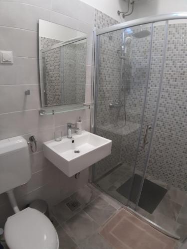 W łazience znajduje się umywalka, prysznic i toaleta. w obiekcie Holiday Home Anna w mieście Skradin