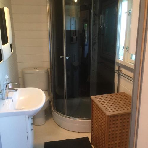 a bathroom with a shower with a sink and a toilet at Skagen hytte in Skagen