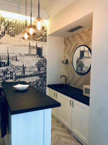 - une cuisine avec un plan de travail noir et un évier dans l'établissement VIP apartment history, à Lviv