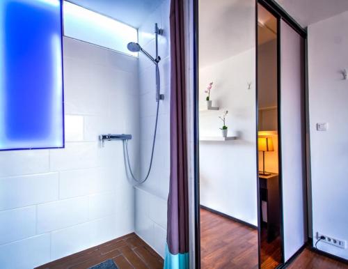 une douche avec une porte vitrée dans une salle de bain dans l'établissement Meublé du Faubourg - Centre/Gare, à Strasbourg