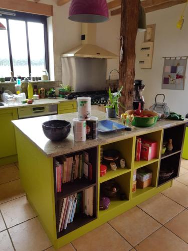 a kitchen with a counter with books at Maison proche circuit 24h du Mans in Louplande