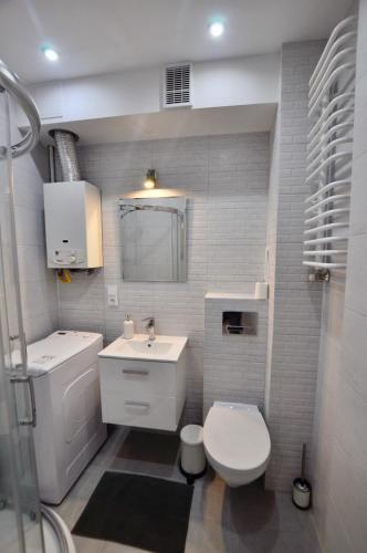 a white bathroom with a toilet and a sink at Apartament Grey in Busko-Zdrój