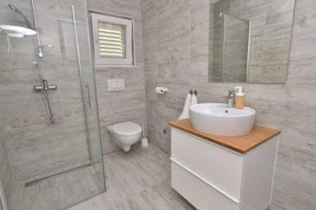 een badkamer met een douche, een wastafel en een toilet bij Holiday home Dinko in Pridraga
