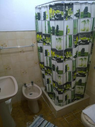 a bathroom with a toilet and a shower curtain at Monte Estrela in Sabugueiro