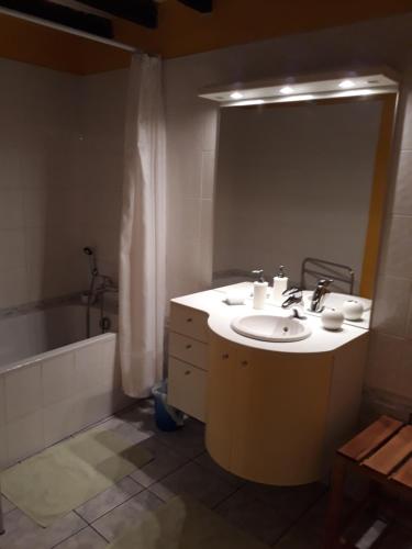 Le Mesnil-Aubert的住宿－Chambres d'hôtes Au Hameau，一间带水槽、浴缸和镜子的浴室
