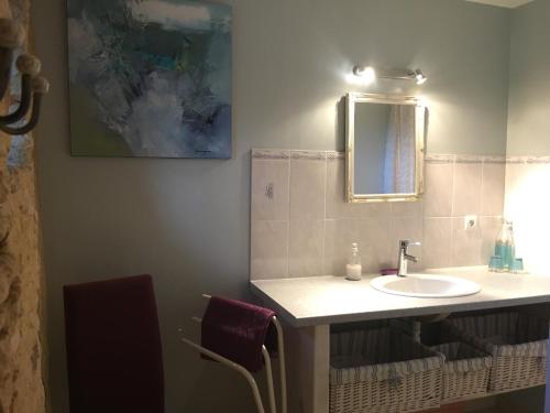 y baño con lavabo y espejo. en Chambres D'Hôtes Les Boudines, en Saint-Germain-de-Belvès