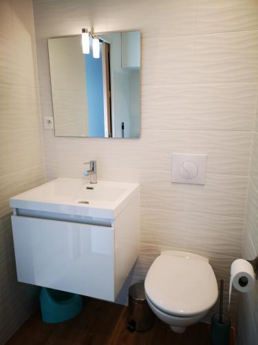 une salle de bain avec des toilettes blanches et un miroir dans l'établissement L'horizon - Bord de mer, à Ploemeur