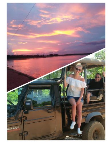 a woman sitting in the back of a jeep at Nehansa Resort and safari in Tissamaharama