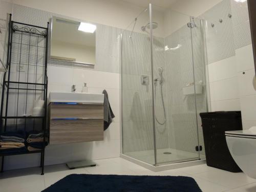 a bathroom with a shower and a sink at Apartament z widokiem na morze - Apartament Turkusowy in Sianozety