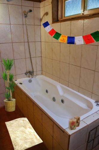 una vasca da bagno in un bagno con bandiere sul muro di CASA PATAY ELQUI a Monte Grande