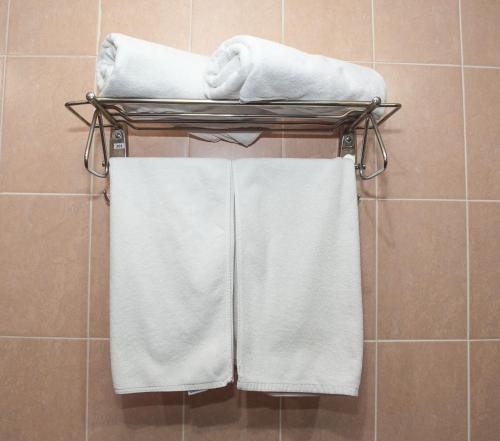 a group of towels on a towel rack in a bathroom at Kazakhstan Hotel in Atyraū