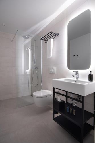 a bathroom with a sink and a toilet and a mirror at Reykjavik Residence Apartment Hotel in Reykjavík