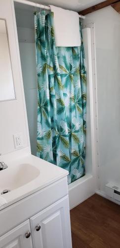 a bathroom with a sink and a shower curtain at Old Wooden Bridge Resort & Marina in Big Pine Key