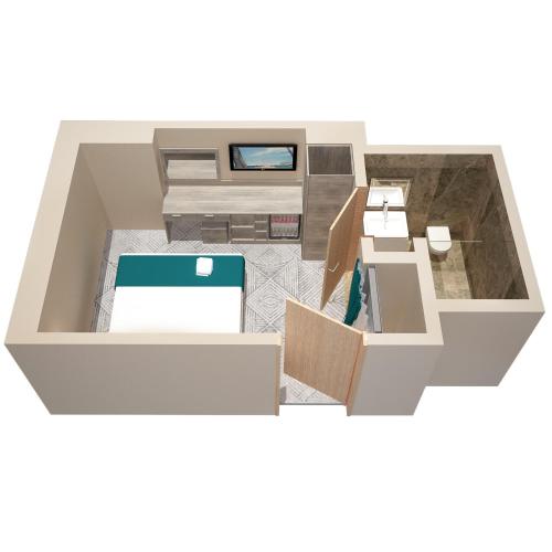 an overhead view of a living room with boxes at The Lion & Key Hotel in London