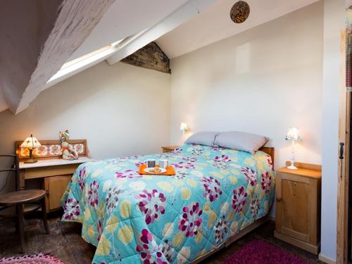 a bedroom with a bed with a colorful bedspread at Little Hawthorn in Menai Bridge