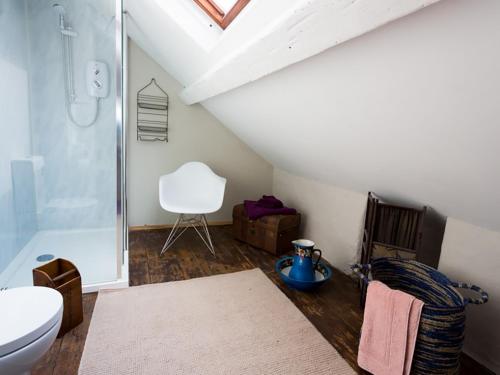 a bathroom with a shower and a toilet and a sink at Little Hawthorn in Menai Bridge